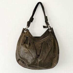TANO Distressed Leather Olive Green Hobo Bag Slouchy Many Pockets Boho Urban